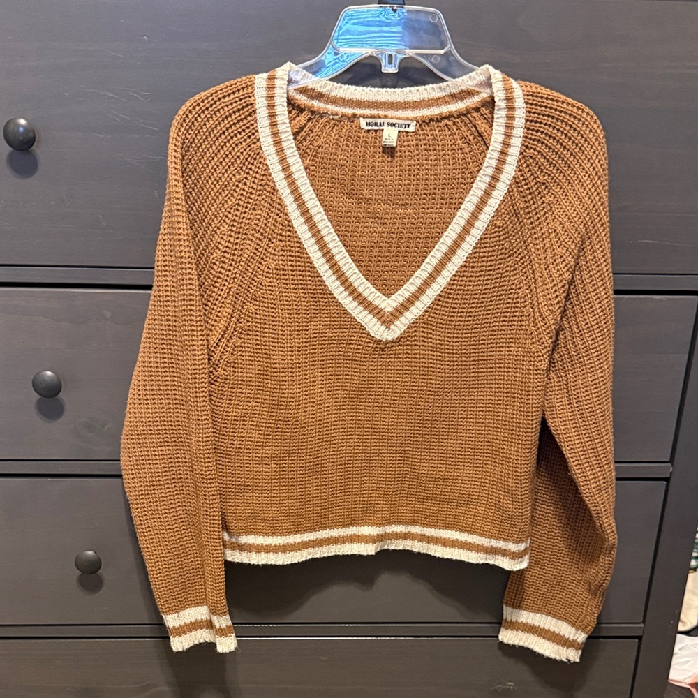 Blu Pepper Women's Tan V-Neck Sweater with Cream Trim